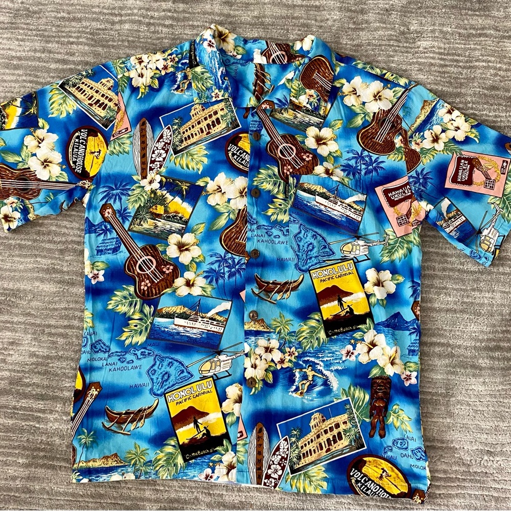 Vintage Palm Wave Men’s Young Adult Boy Hawaiian Aloha Luau Shirt Surfer Large